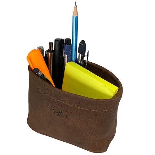 Leather Worx, Desk Organizer Bag Handmade from Full Grain Leather, Pen Holder, School & Office Supplies - Bourbon Brown