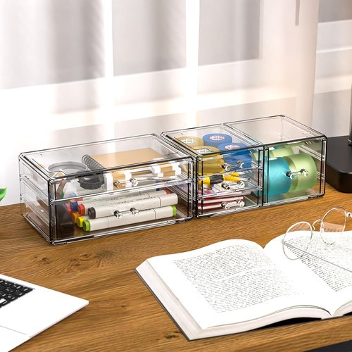 Cq Acrylic Desk Organizer - 2 Pack Clear Stackable Design with 6 Drawers for Skincare & Jewelry Storage