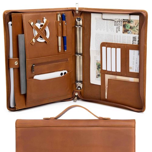 Geslun Genuine Leather Portfolio 3 Ring Binder with Clipboard, Hidden Handle, 8.5 x 11 Zippered Padfolio, Business Organizer Professional Executive Folio for Men and Women, Brown