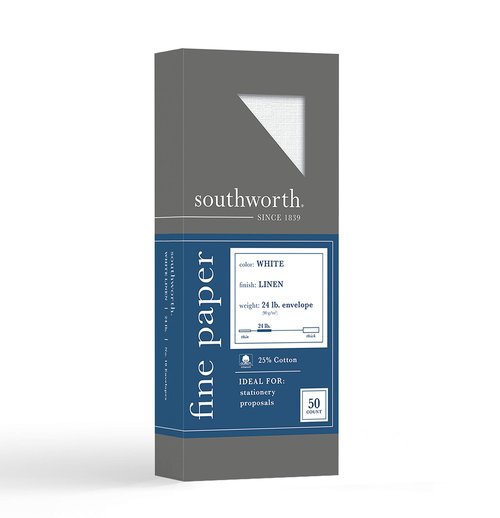 Southworth R14CF 100% Cotton Resume Paper White 24 lbs. Wove 8-1/2 x 11, 100/Box & 25% Cotton #10 Envelopes, 4.125" x 9.5", 24 lb/90 GSM, Wove Finish, White, 50 Count - Packaging May Vary (P554-10)