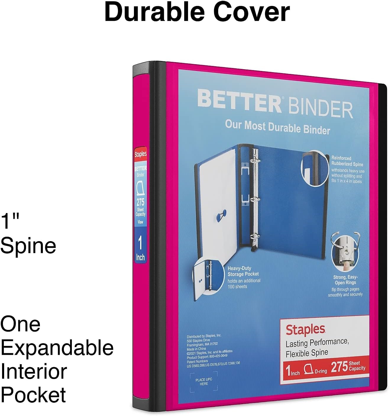 Staples Better View 1-Inch D-Ring Binder - Durable Pink 3-Ring Binder with Clear Overlay for School & Office