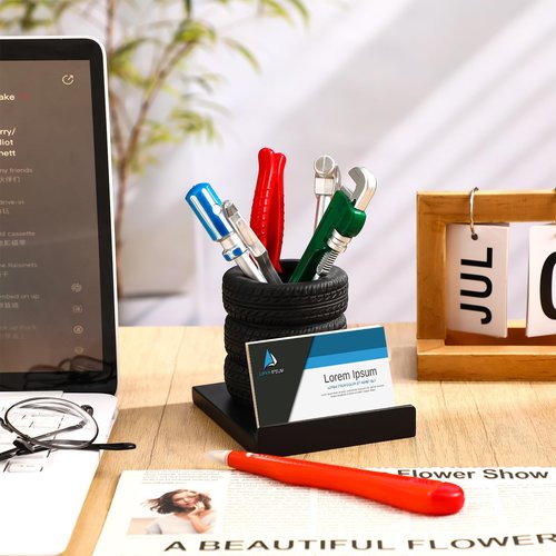 Fuyoooo 7 Pcs Car Pen Holder Tire Shape Stationery Set Gift Business Card Holder Automotive Desk Organizer Novelty Tool Wrench Pens Fun Tire Decor for Office Mechanic Men Car Lover Sales Accessories