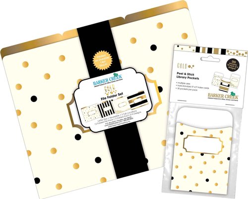 Barker Creek Designer File Folder and Library Pocket Set, Gold, 12 Colorful File Folders printed on 14pt stock and 30 Coordinating Peel & Stick Library Pockets, Home, School and Office Supplies (4411)