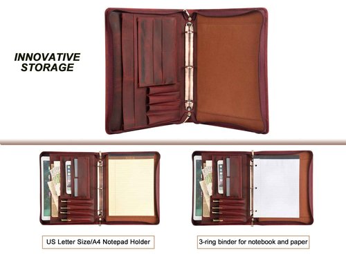 AZXCG Leather Portfolio Organizer, 3 Ring Binder Padfolio Folder, Resume Zippered Folio for A4/Letter Size Notepad, Business Binder Portfolio with Zipper for 13" Laptop, Gift for Women, Red