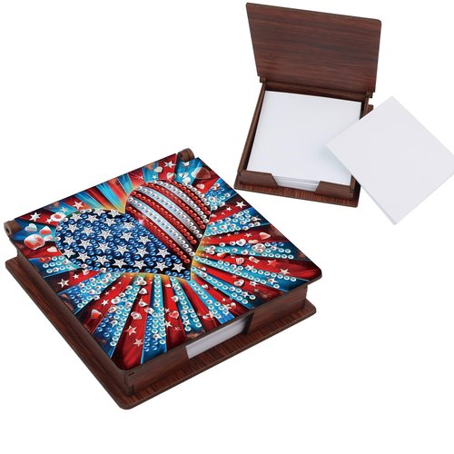 BAYUNOE Memo Paper Storage Box Diamond Art Painting Wooden 4.3x4.3 in Sticky Note Holder for Desk Organizer Notepad Holder with 160 Sticky Notes Office Supplies Accessories-Heart of USA