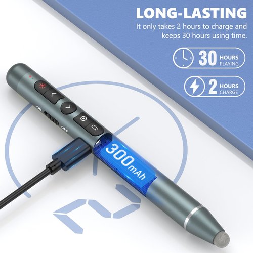 Rechargeable Presentation Clicker Stylus Pen for Touch Screen, Wireless Presenter Remote Laser Pointer USB PowerPoint Clicker Slide Advancer with Hyperlink Volume Control for Mac/Computer (red Laser)