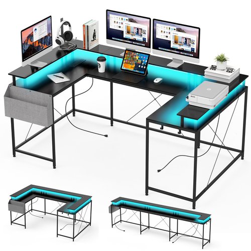 Doppeltcharms U Shaped Gaming Desk with Monitor Stand & Storage Shelves, Corner Computer Desk with 2 Power Outlet, 1 Fabric Storage Bag, Adjustable RGB Color LED Light for Home Office