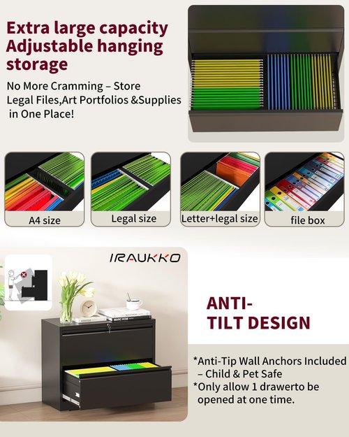 IRAUKKO 2 Drawer Lateral File Cabinet with Lock, 26.8" Wide Metal Filing Cabinets for Home Office, Steel Horizontal Storage Cabinet for Letter/Legal/F4/A4 Size - Black