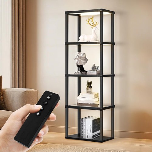 Tall Display Shelf Floor Lamp, Dimmable LED lamp with 3 Color Temperatures, Sturdy Glass Curio Cabinet Bookcase with Remote Control, Floor Lamp with Shelves for Living Room Decor, Collectibles (Black)