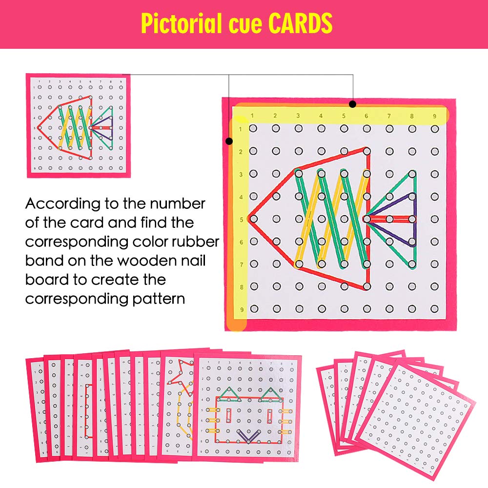 Skrtuan Wooden Geoboard with Pattern Cards & Rubber Bands, Montessori STEM Educational Toy for Kids 3-5 5-8 Years Old, Brain Teaser Puzzle Game for Geometry Learning and Creative Shapes