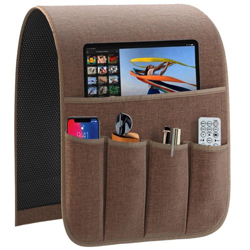 Armrest Organizer Non Slip Remote Control Holder Arm Chair Couch Caddy For Recliner Sofa Bedside With 5 Pocket Storage for Tablet Phone iPad (Coffee, W13" x L33")