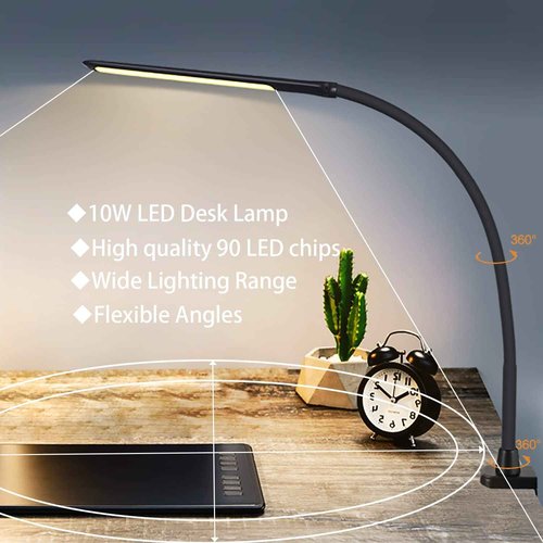 YOUKOYI LED Desk Lamp with Clamp,10W Swing Arm Clamp Lamp, 5 Brightness Levels & 4 Color Modes, Gooseneck Lamps Touch Control, Architect Desk Lamp for Home Office, Reading, Work(Black)