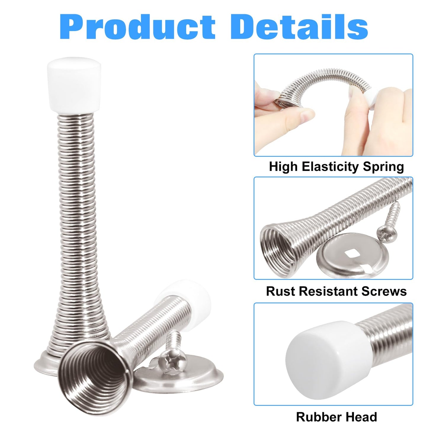 6 Pack Spring Door Stopper 3.2 Inch Flexible Heavy Duty Spring Door Stop with RustProof Screw Rubber Bumper Tips, Wall Protector for Home, Office, Kids Room – Easy Install, Satin Nickel Finish
