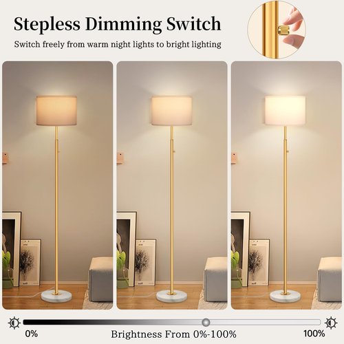 DMBOSS 63.7" Floor Lamps for Living Room,Dimmable Lamps with White Marble Base Linen Shade,9W LED Bulb Included,Modern Standing Lamp with Gold Pole for Office Reading,Bedroom