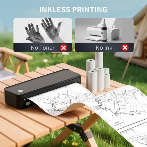 leginico Portable Printer with 6 Rolls Multi-Size Paper, Bluetooth Inkless Thermal Printer Compatible with iOS, Android, Laptop, Used for Travel, Office, Home(Black)
