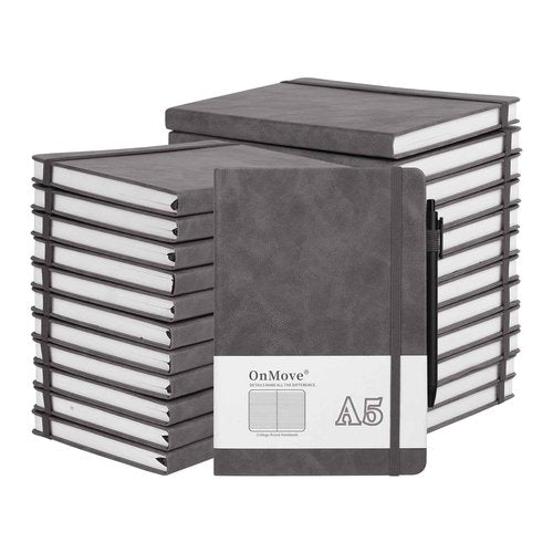 OnMove Notebooks Journal for Women Men 24 Pack Bulk Leather Hardcover with Pen Holder A5 160 Pages 100 GSM Thick Paper for Work School Lined Gray