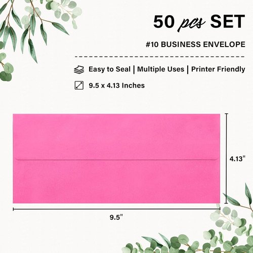 Hot Pink Business Envelopes by [Brand Name] - 50 Pack Self-Seal for Secure Mailing | 4 1/8 x 9 1/2 Inches