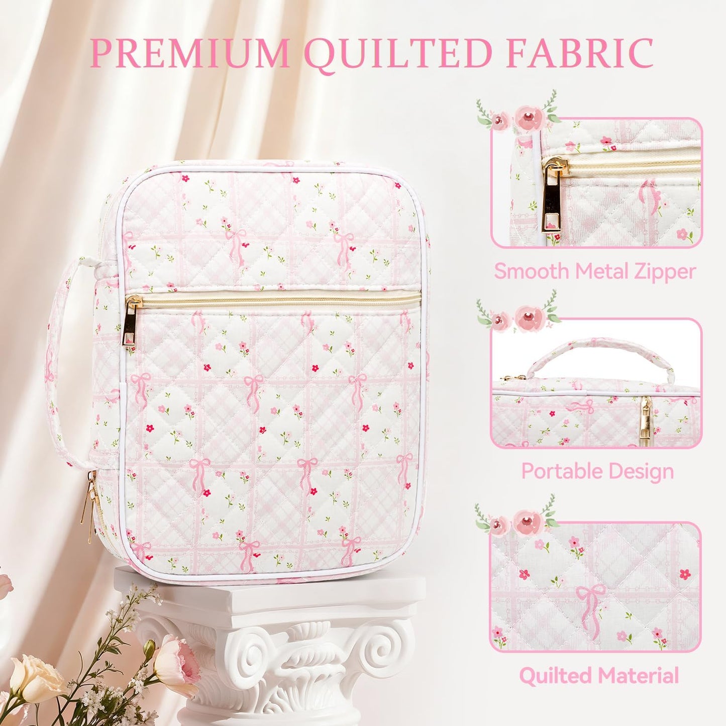 Skiennix Bible Cover Case - Large Quilted Carrying Bag with Handles | Pink Patchwork for Women