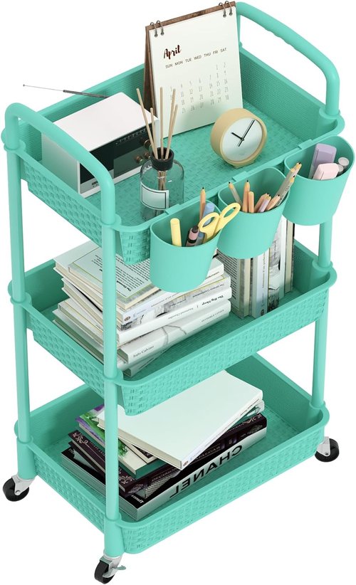 MOYIPIN 3-Tier Rolling Utility Cart - Versatile Storage Organizer for Office, Kitchen & Living Room - Turquoise with 3 Hanging Cups