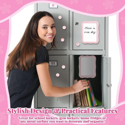 11 Pcs School Lockers Magnetic Decor Pink Locker Accessories Kit with Magnetic Mirror Whiteboard Pen Holder Buckles Lockers Organizer Decorations Locker Essentials for Girls Back to School Supplies