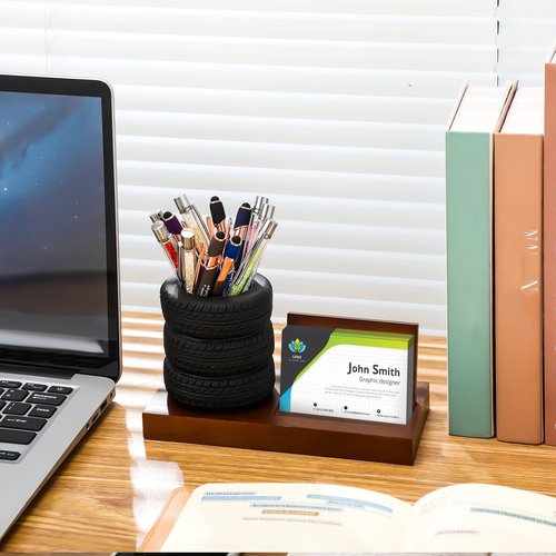 Sherr Tire Shape Stationery Set Car Salesman Gift Tire Stack Pen Holder Business Card Holder Car Salesman Desk Accessories for Desk Office Mechanics Gifts(Walnut)