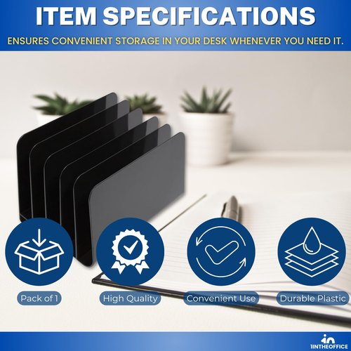 1InTheOffice Inclined File Organizer Desktop, Desk Organizer File Sorter, Plastic Incline Desktop File Sorter, 5 Compartments, Black