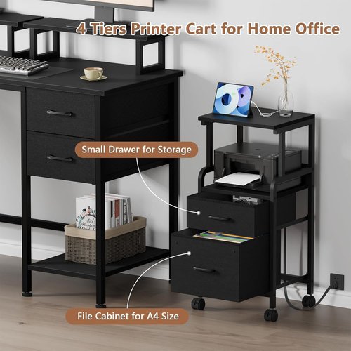 Korfile Printer Stand with Power Outlets & File Cabinet, Mobile Printer Table with 2 Drawers, 4 Tiers Multi-Functional Rolling Printer Cart with Wheels for Home Office, Living Room, Black