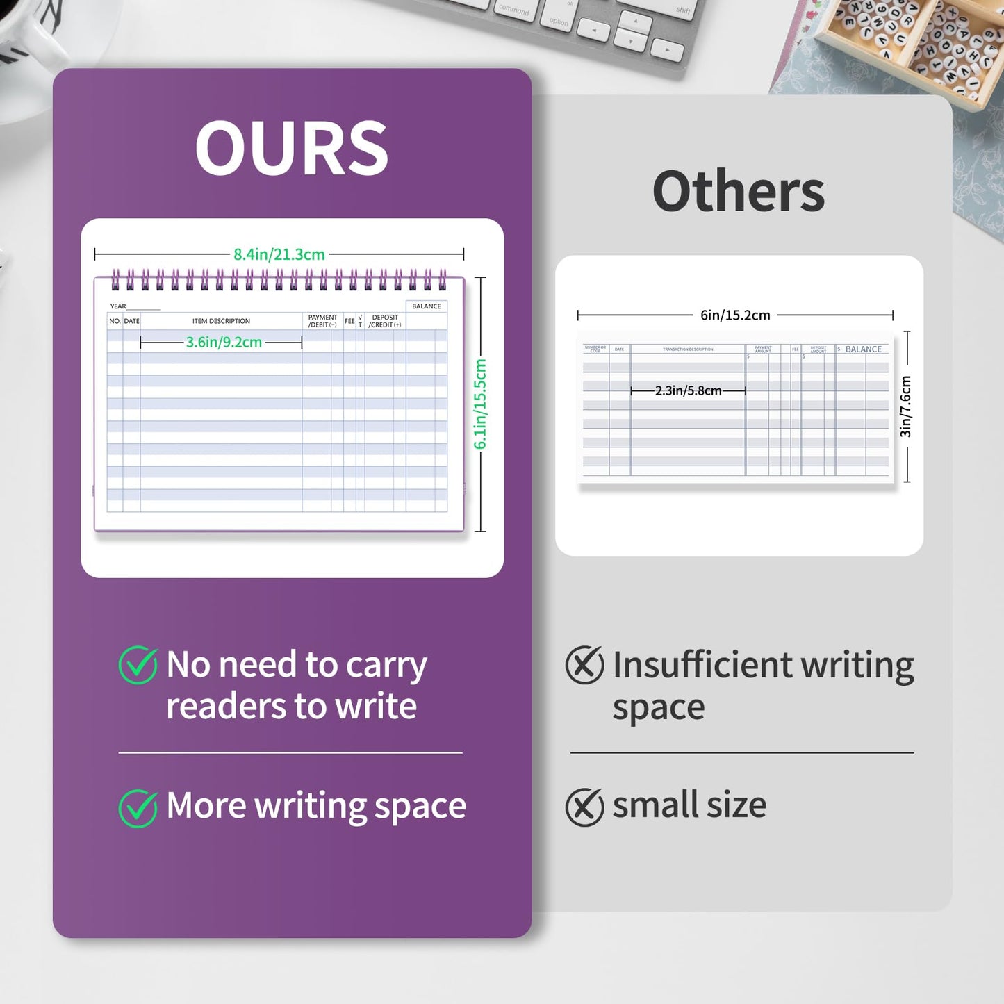Checkbook Register, Check Registers for Personal Checkbook, Checking Book Register, Financial Ledger for Debit Card & Personal Bank Checks Order Online - Wide Edition, 8.4" x 6.1" (Purple)