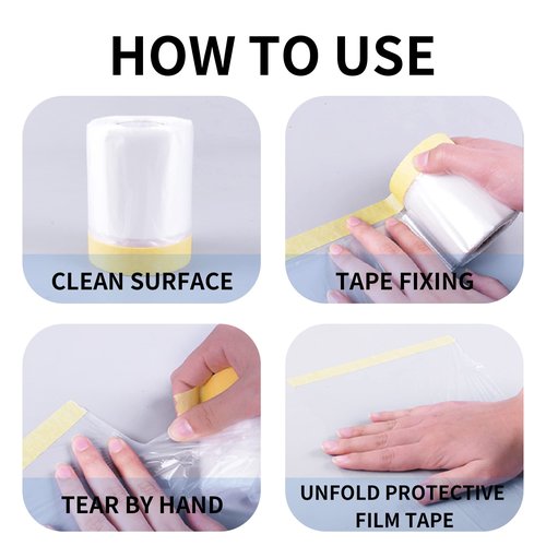TAPEBEAR Pre-Taped Masking Film, Tape and Drape, Plastic Sheeting Roll, Automotive Painters Masking Tape Film, Plastic Sheeting Cover for Appliance and Furniture, 9feet X 90feet, 2600mmx 27m,3Rolls