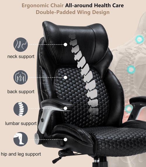 Big and Tall Office Chair, 500lbs Leather Executive Office Chair with Flip-up Arm, Heavy Duty Desk Chair with Adjustable Lumbar Support, Ergonomic High Back Computer Chair for Home, Quiet Rubber Wheel
