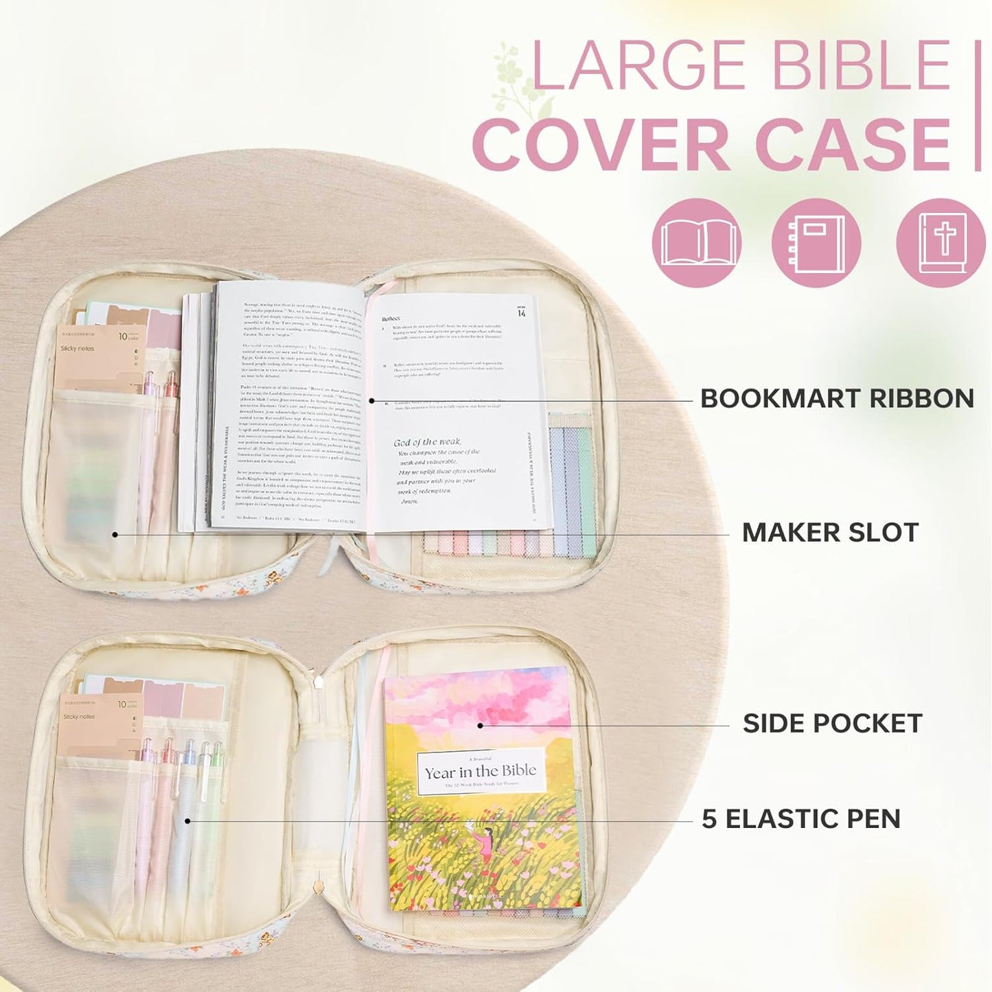 Skiennix Bible Cover Case - Durable Quilted Design for Women | Large Mini Pink Flower Carrying Case