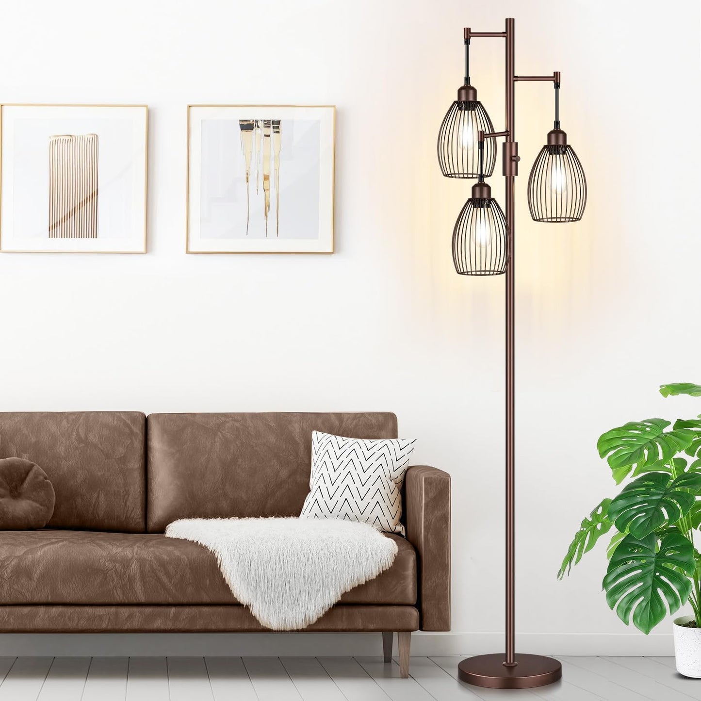 Torondo Dimmable Floor Lamp - Matte Brown Industrial Design with 3 Teardrop Cages & 800 Lumens LED Bulbs