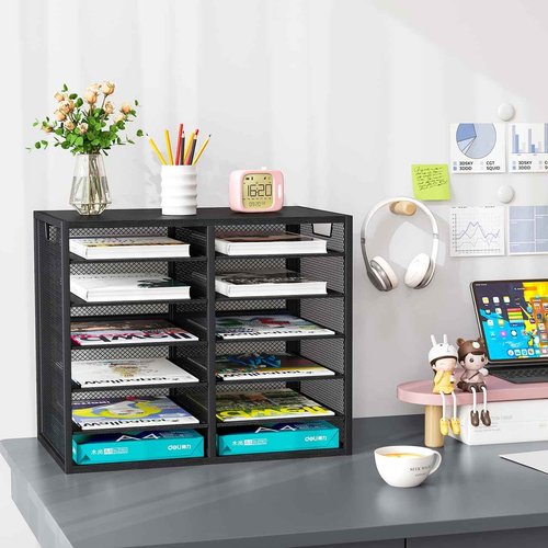 PAG Desktop Mail Sorter Industrial Countertop Heavy Duty Literature Organizer Bill Paper Holder Rack Student Mailbox for Classroom 12 Compartments Filing Cabinet for Office Home School, Black