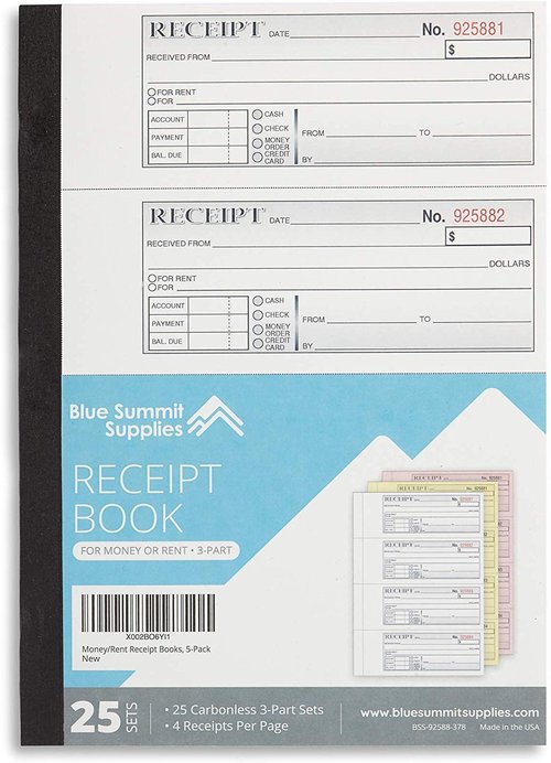 Blue Summit Money Rent Receipt Book with Carbon Copies, Receipt Books 3 Part Carbonless for Landlords, Small Business, and Payments, Paper Triplicate Copies, 11x7.5'',100 per Book, 500 Total, 5 Pack,