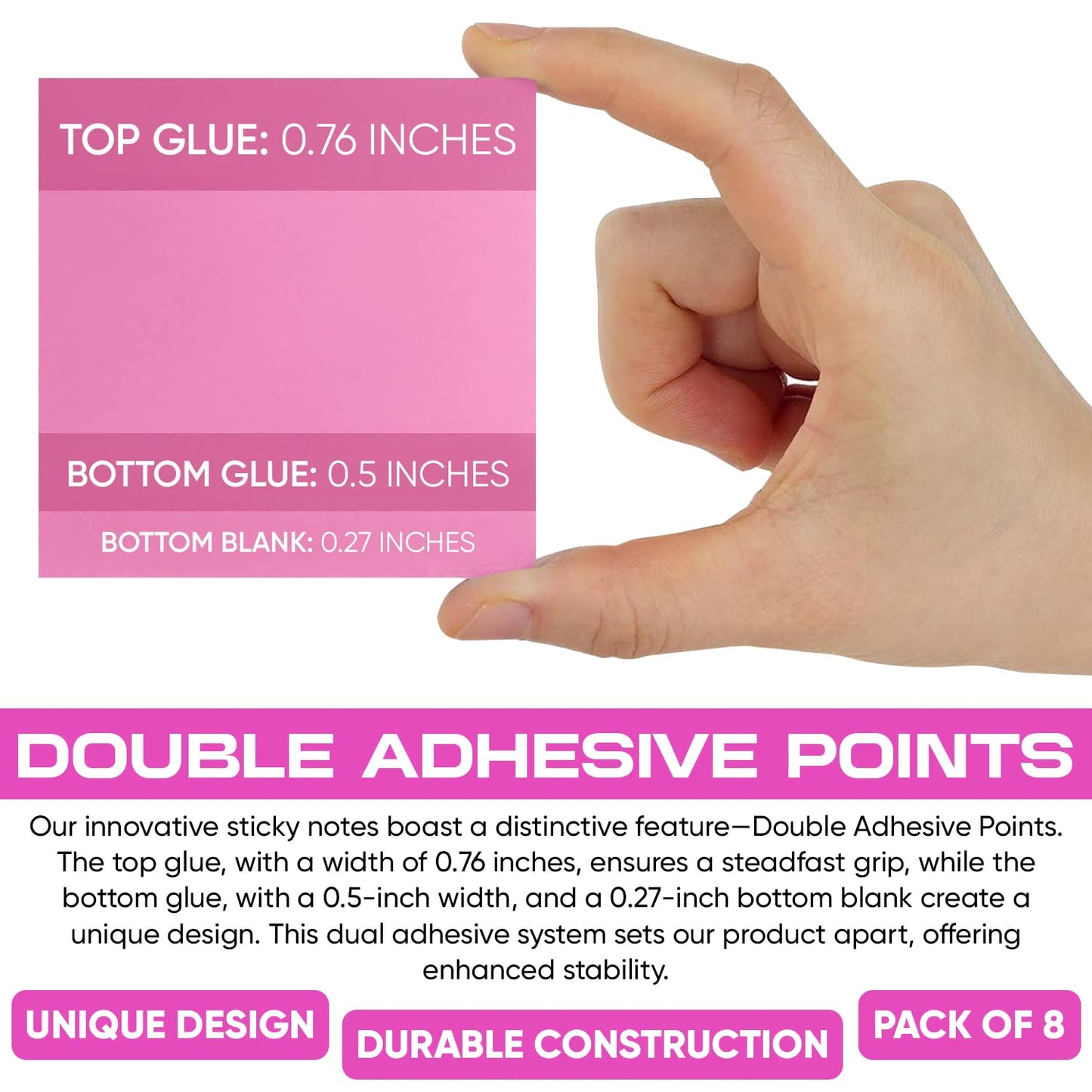 BRAINVI -Sticky -Notes -3x3 Inches - Double Adhesive Strips for Extra Hold, Bright & Colorful Pads, Perfect for -Teachers, Home & Office, 8 -Pads, 100 Sheets/Pad (8 Colors)