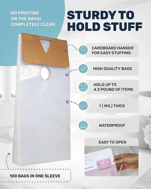 Skywin-1000 Plastic Door Hanger Bags 6.5" x 14.5" - 1.0 mil Clear Door Hanger Bags, Door Knob Hangers for Outdoor Protects Flyers, Brochures, Notices, Printed Materials - Waterproof and Secure (1000)
