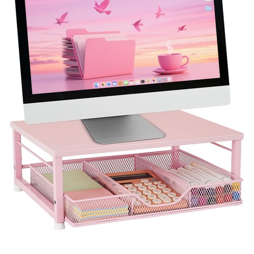 Gugsey Small Pink Laptop Stand for Desk, Monitor Stand, Office Desk Accessories, Computer Desktop Stand with Drawer for Home, Office, School (Pink)