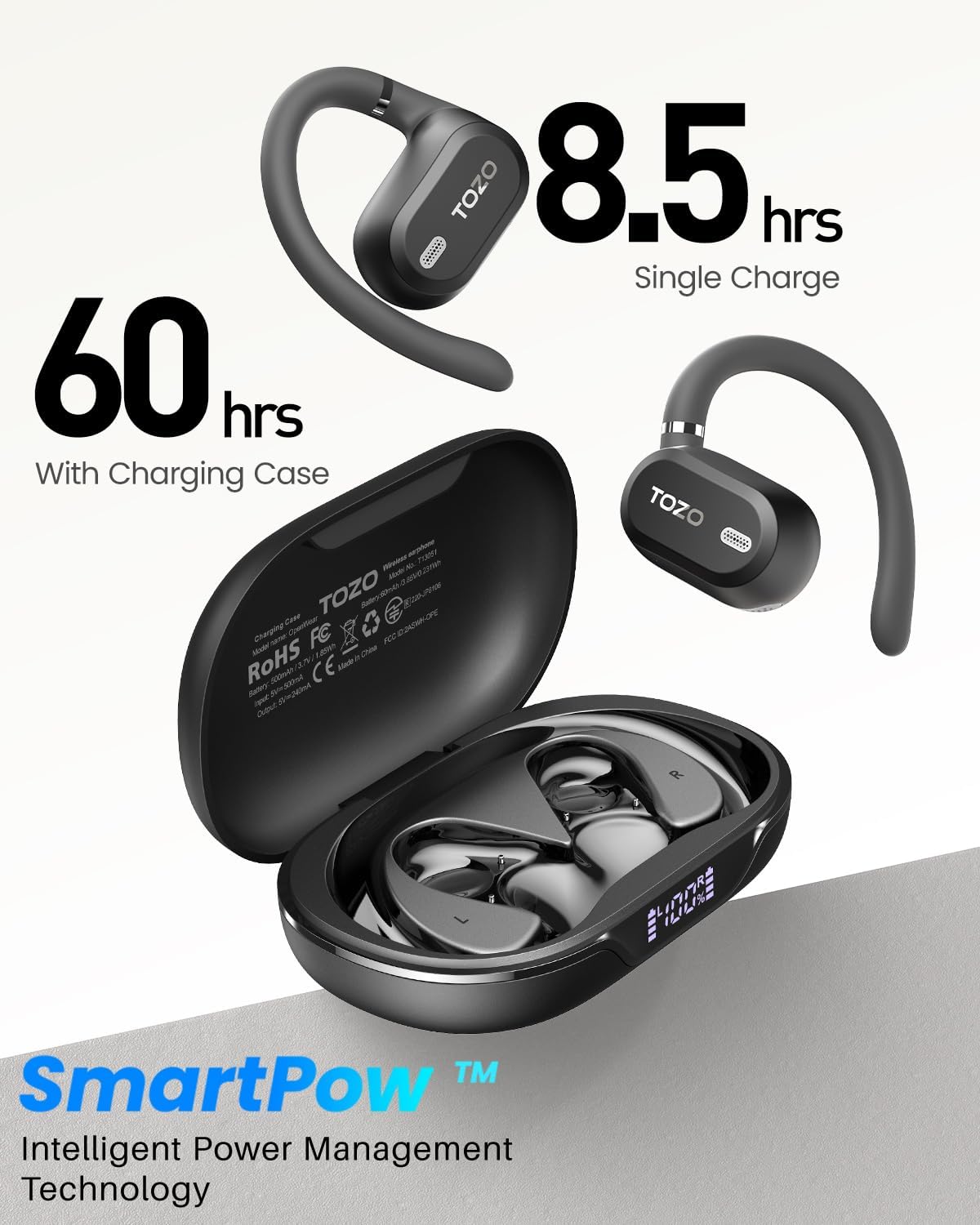 TOZO OpenWear AI Translation Earbuds - Real-Time 145+ Languages, 60H Battery Life, Bluetooth 5.4