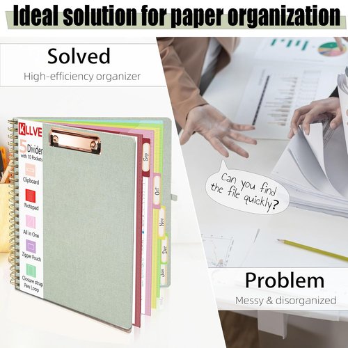 KLLVE Sauge Foldable Spiral Clipboard Folio with Storage Zipper Pouch, 5 Plastic Folders with Pockets,Refillable Lined Notepad (8.5" x 11"), Hardcover Project Organizer with 36 Stickers