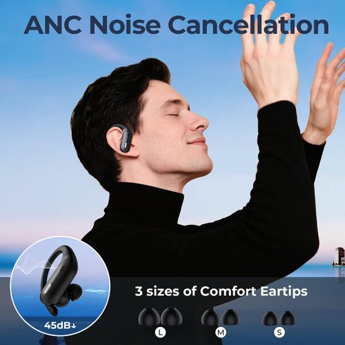 Wireless Earbuds Bluetooth 5.3 Headphones 90 Hrs Playtime Ear Buds with Wireless Charging Case Power Display Over-Ear Earphones with Earhooks Waterproof Stereo Headset for Android Phone Workout Black