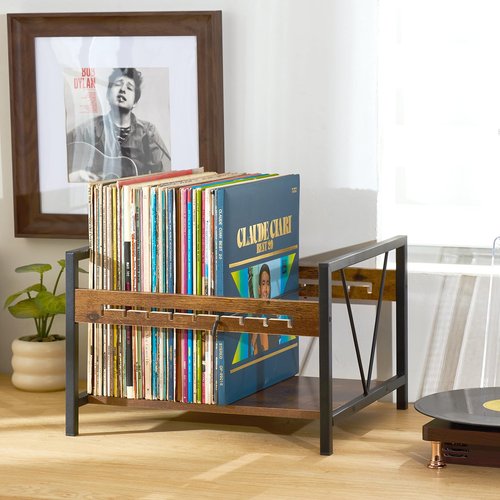Edergoo Retro Vinyl Record Storage Rack, Metal & Wood Record Holder with Adjustable Dividers, Holds 80–100 Albums, Desktop Organizer for Records, Books & Files