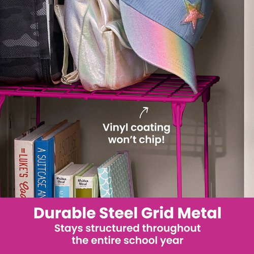 LockerMate Stac-A-Shelf Locker Organizer Shelf, Stackable, Extra Tall, Fits Standard Size School Lockers, Pink