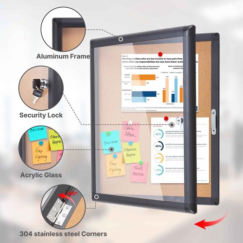 HMESRUI Outdoor Bulletin Board 20x16 Inch Enclosed Tamper-Proof Cork Notice Board with Rust-Resistant Aluminum Frame & Lock, Weatherproof for Hospital, Restaurant Kitchen, Office (Black Frame)