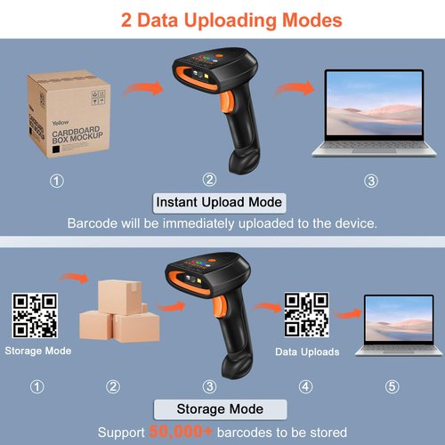KUIIYER Bluetooth Barcode Scanner, Wireless 2D QR 1D Bar Code Scanners with LED Lights Display & AI Voice, Plug & Play Handheld Barcode Reader for iPhone, Android, iPad, Tablet, PC Computers & POS