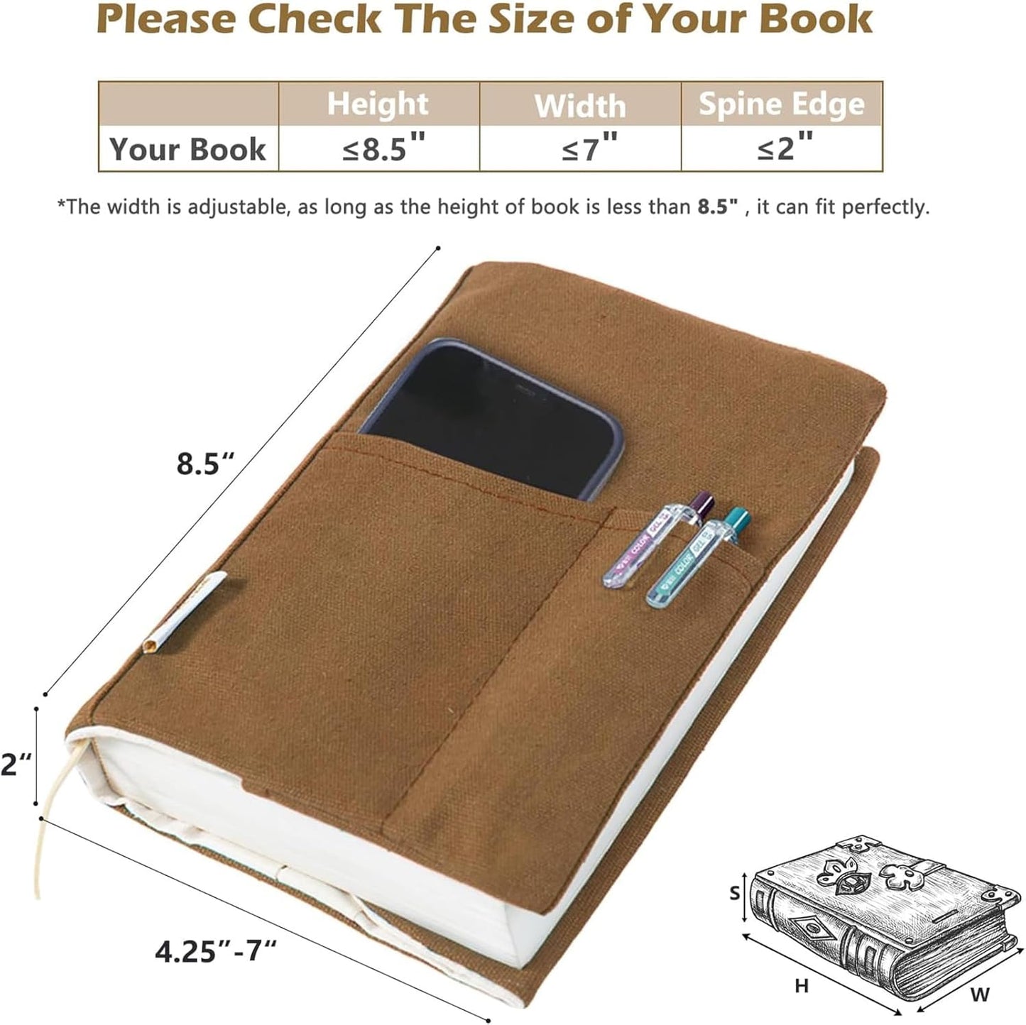 Skiennix Canvas Book Covers - Adjustable Pockets for Pens | Washable Protector for Paperback & Hardcover Novels