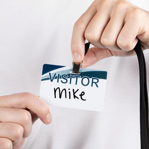 Reusable Visitor Name Badges with Dry Erase Surface, Various Custom Designs, 5-Pack (Badge Clip)
