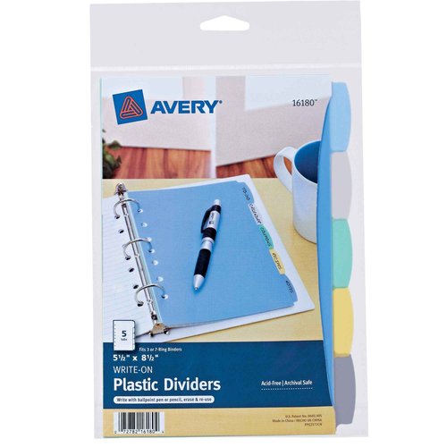 Avery Write & Erase Durable Plastic Mini Dividers for 3 Ring Binders and 7-Ring Binders, 5.5" x 8.5", 5-Tab Sets, Multicolor, 24 Sets, 120 Divider Tabs (16180)