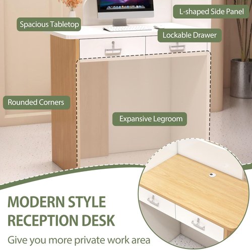 39.4 Inch Front Desk Reception Counter for Small Spaces with LED Light, Front Counter Desk with Lockable Drawer, Modern Retail Counter Checkout for Lobby Salon, Retail Home Office Reception Room