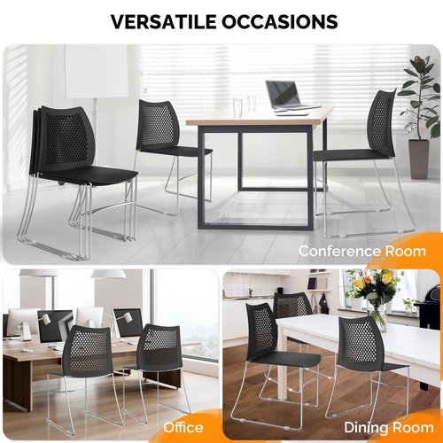 VINGLI Stacking Chairs Set of 10 Stackable Office Chairs with Metal Sled Base, Ergonomic Plastic Seat & Holes Back, Stacking Chairs for Waiting Room Break Room Banquet Guest, Black