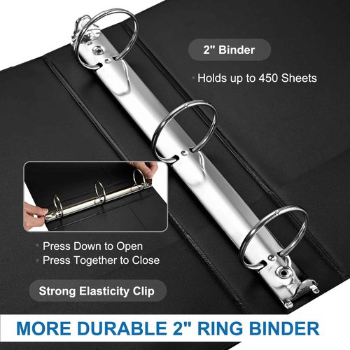 2 Inch 3-Ring Binder, 2" Round Ring Binder with 2 Inside Pockets, 6 Pack Black Binders, Clear View Cover, Holds Up to 450 Sheets 8.5" x 11" Paper，Study Binders for Office/Home/Back to School
